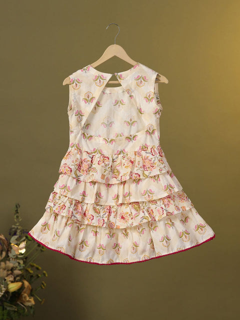 Pre-Order- GIRL FLORAL TIERED FROCK-BEIGE