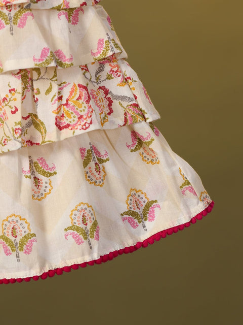 Pre-Order- GIRL FLORAL TIERED FROCK-BEIGE