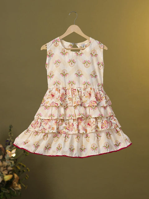 Pre-Order- GIRL FLORAL TIERED FROCK-BEIGE