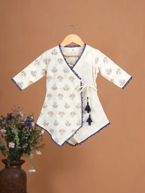 Pre-Order: GIRL FLORAL PRINTED KURTA SET-BEIGE