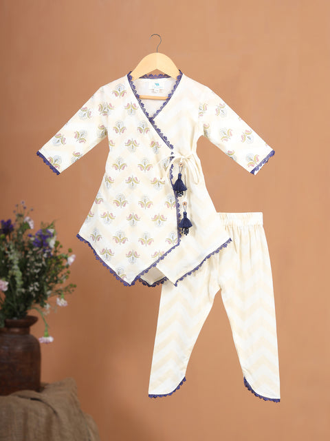 Pre-Order: GIRL FLORAL PRINTED KURTA SET-BEIGE