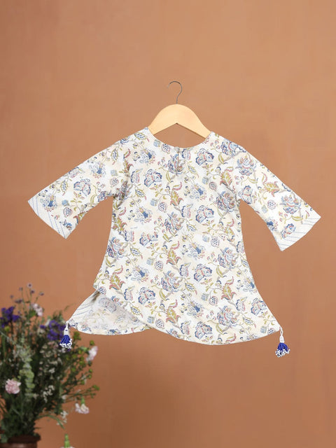 Pre-Order: GIRL FLORAL HEMMING KURTA SET-BEIGE