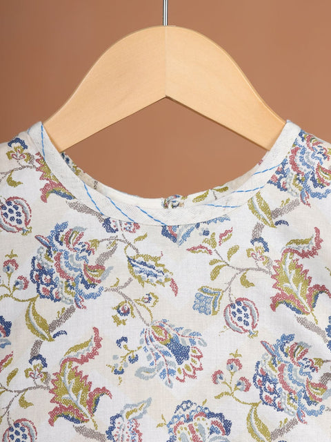 Pre-Order: GIRL FLORAL HEMMING KURTA SET-BEIGE
