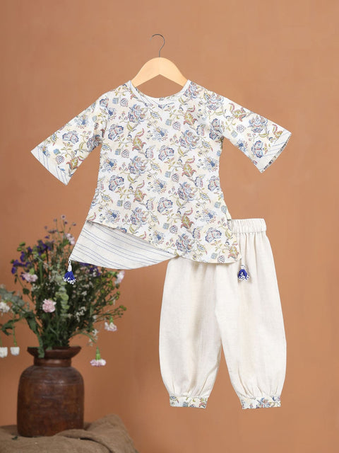 Pre-Order: GIRL FLORAL HEMMING KURTA SET-BEIGE