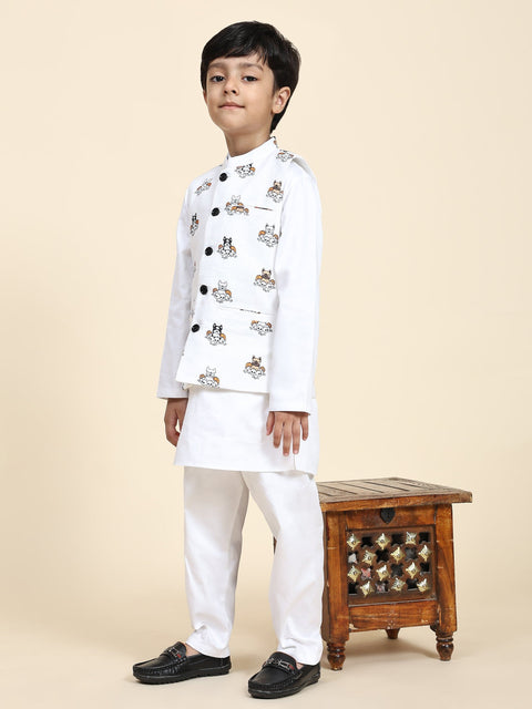 Pre-Order: Dog Print Linen Koti with Pure Cotton White Kurta Pajama Set