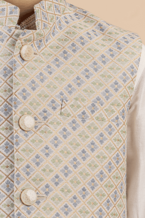 Pre-Order: Kurta Set With Printed Bandi, Embroidered Sleeve and Collar Detailing