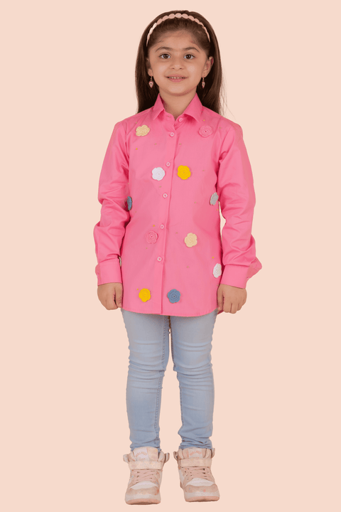 Pre-Order: Pink Shirt with Heart Embroidery and Pink Frill Sleeve
