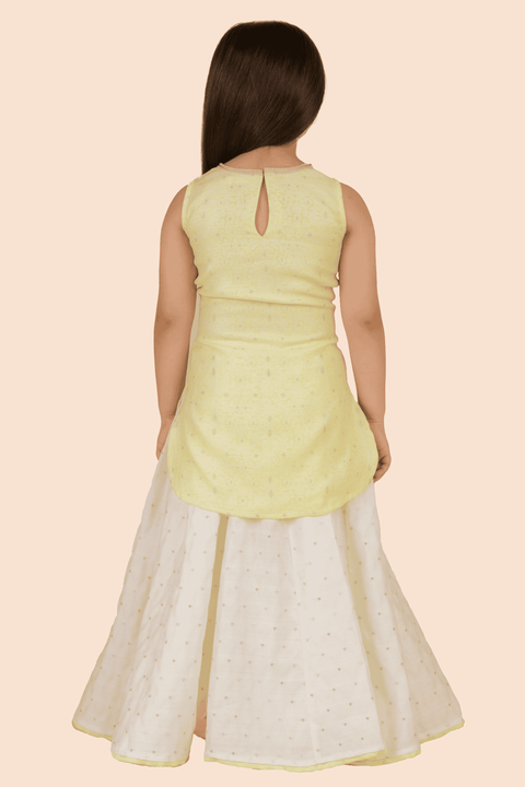 Pre-Order: Kurti with Flared Skirt Set-Lime Yellow and White