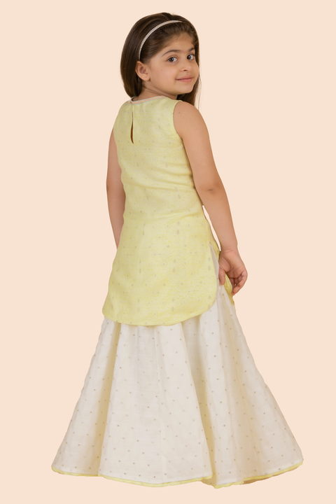 Pre-Order: Kurti with Flared Skirt Set-Lime Yellow and White