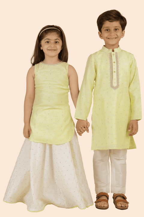 Pre-Order: Kurti with Flared Skirt Set-Lime Yellow and White
