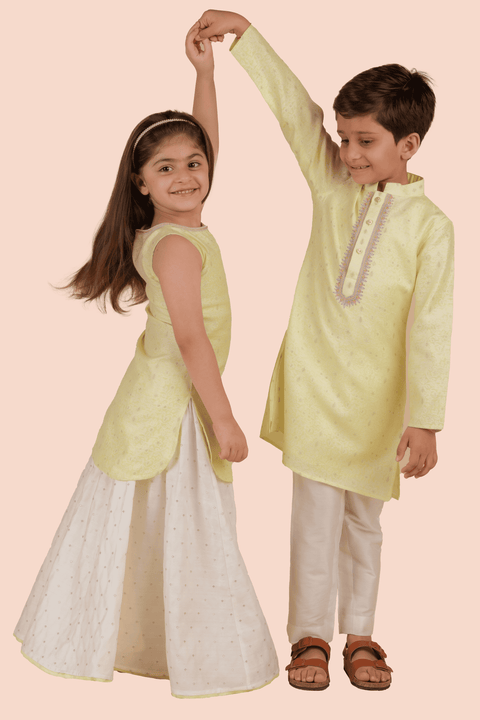 Pre-Order: Kurti with Flared Skirt Set-Lime Yellow and White