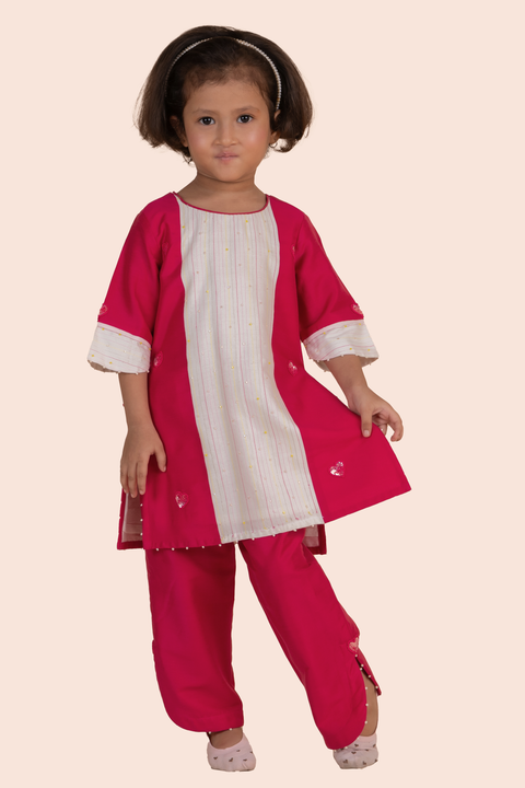 Pre-Order: Kurti Set-Rani Pink and White