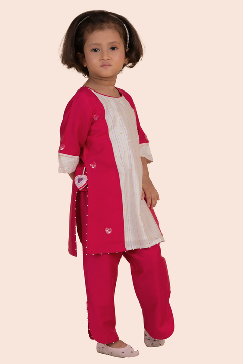 Pre-Order: Kurti Set-Rani Pink and White