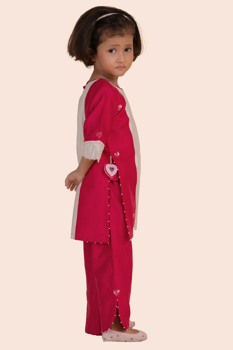 Pre-Order: Kurti Set-Rani Pink and White