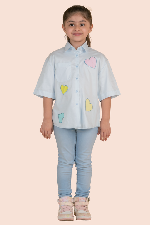Pre-Order: Blue Shirt with Colourful Heart Patching and Swarosvki Outline