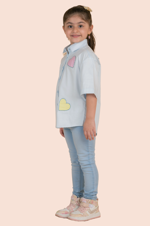 Pre-Order: Blue Shirt with Colourful Heart Patching and Swarosvki Outline