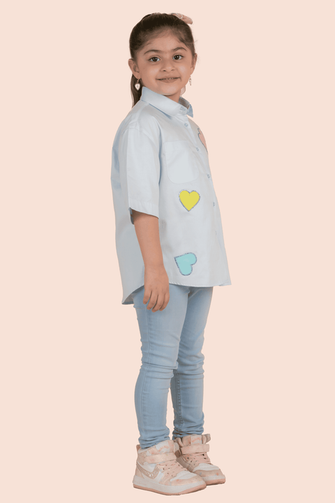 Pre-Order: Blue Shirt with Colourful Heart Patching and Swarosvki Outline