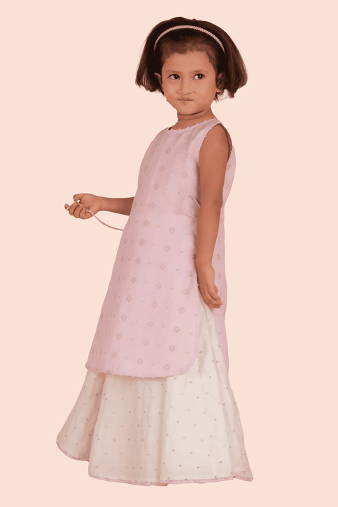Pre-Order: Kurti with Flared Skirt Set-Light Pink and White