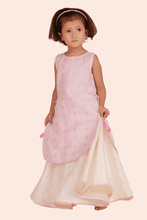 Pre-Order: Kurti with Flared Skirt Set-Light Pink and White