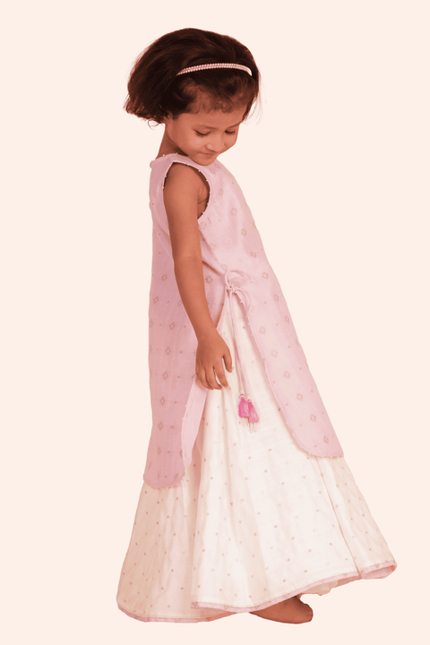 Pre-Order: Kurti with Flared Skirt Set-Light Pink and White