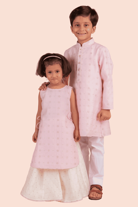 Pre-Order: Kurti with Flared Skirt Set-Light Pink and White