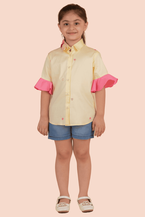 Pre-Order: Yellow Shirt with Heart Embroidery and Pink Frill Sleeve