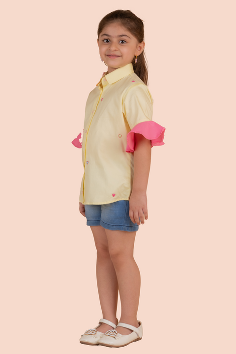 Pre-Order: Yellow Shirt with Heart Embroidery and Pink Frill Sleeve