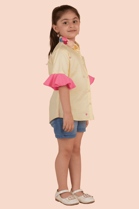 Pre-Order: Yellow Shirt with Heart Embroidery and Pink Frill Sleeve