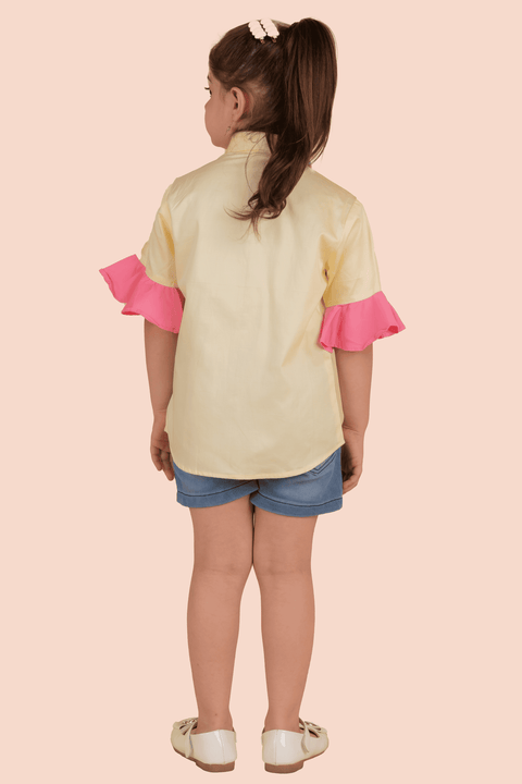 Pre-Order: Yellow Shirt with Heart Embroidery and Pink Frill Sleeve