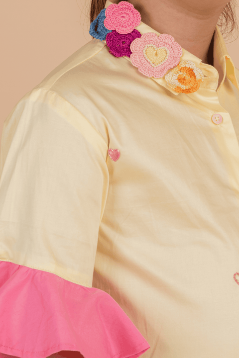Pre-Order: Yellow Shirt with Heart Embroidery and Pink Frill Sleeve