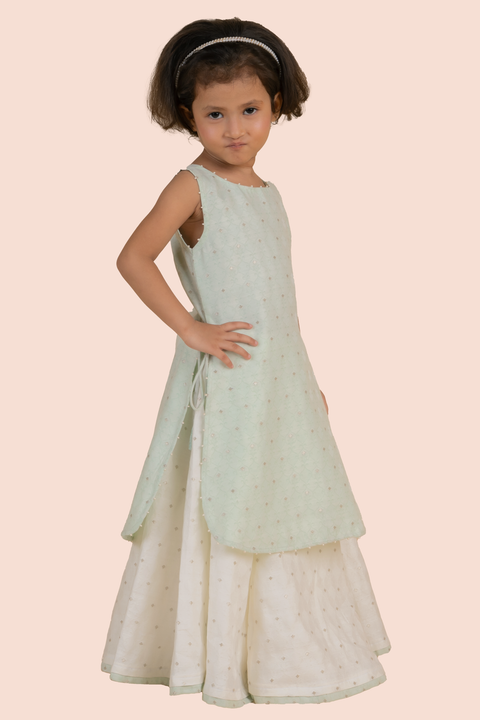 Pre-Order: Kurti with Flared Skirt Set-Lime Green and White