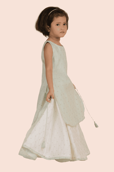 Pre-Order: Kurti with Flared Skirt Set-Lime Green and White