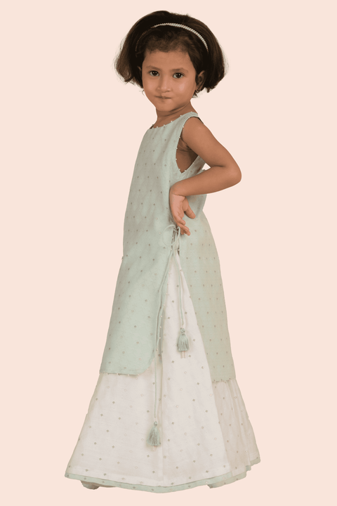 Pre-Order: Kurti with Flared Skirt Set-Lime Green and White