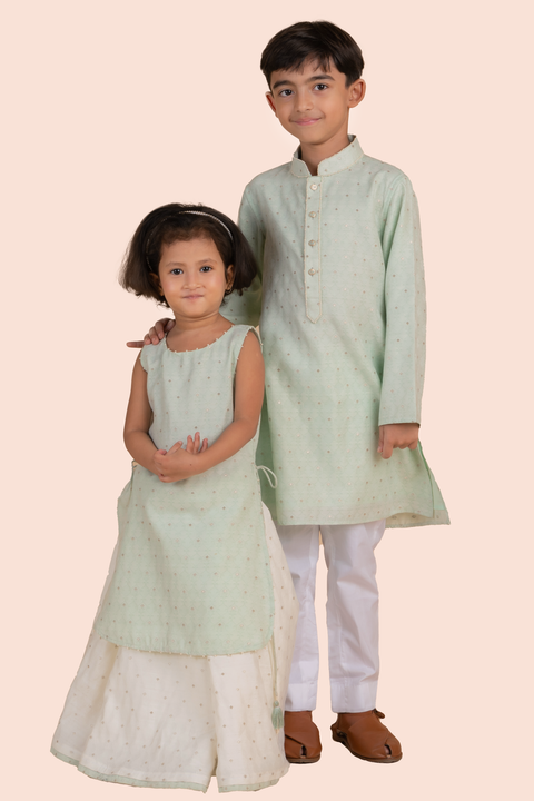 Pre-Order: Kurti with Flared Skirt Set-Lime Green and White