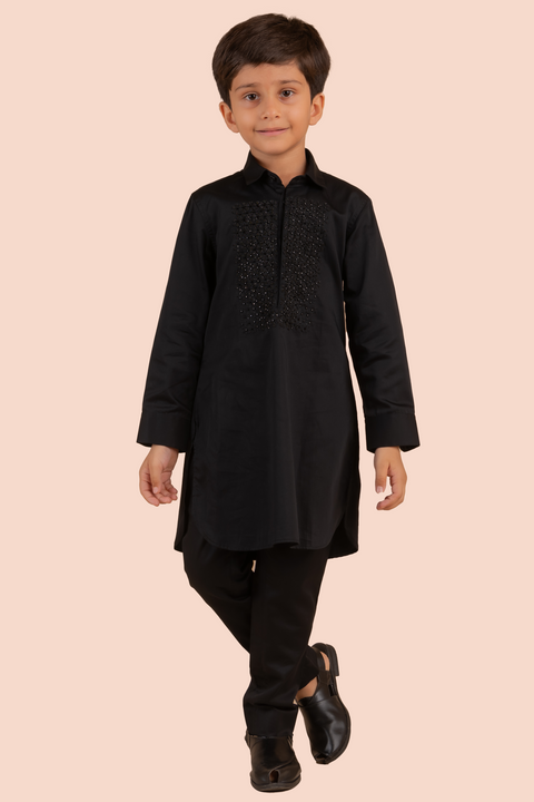 Pre-Order: Printed Kurta with Self Embroidery - Black
