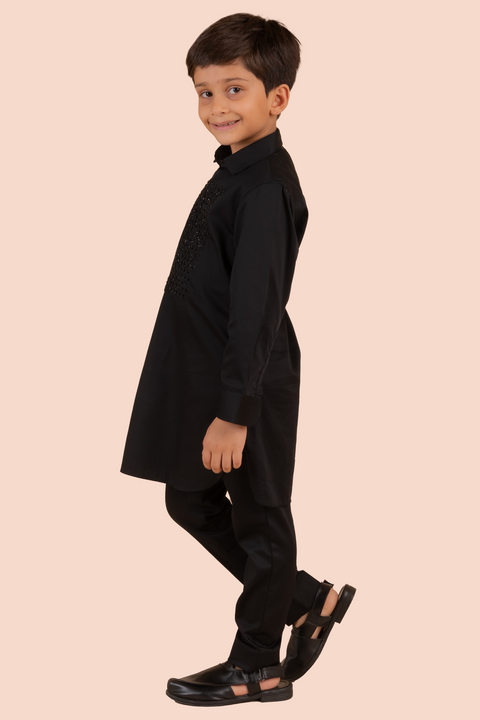 Pre-Order: Printed Kurta with Self Embroidery - Black