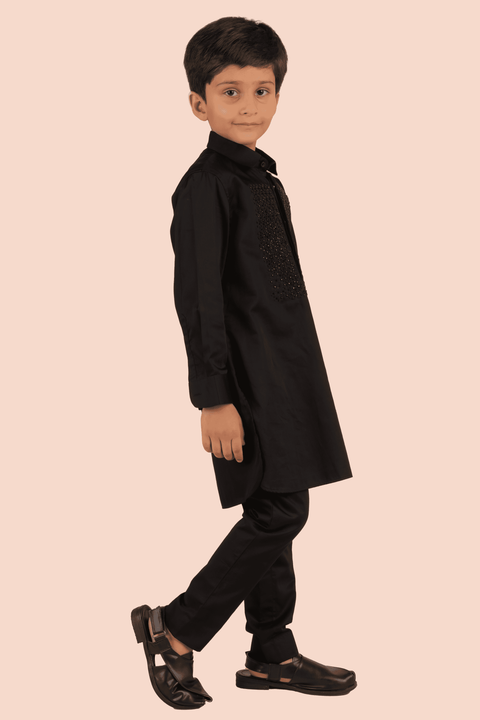 Pre-Order: Printed Kurta with Self Embroidery - Black