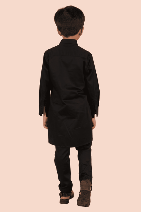 Pre-Order: Printed Kurta with Self Embroidery - Black