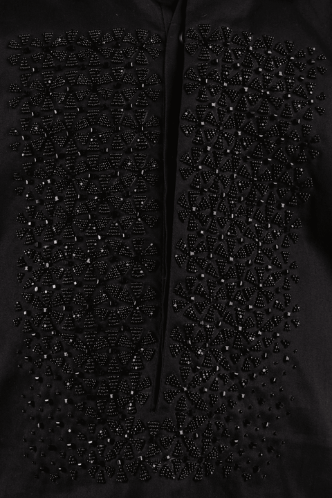 Pre-Order: Printed Kurta with Self Embroidery - Black