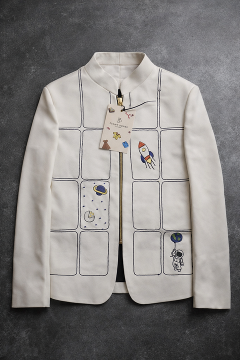 Pre-Order: The Space Themed Off White Colour  Zipper Bomber Jacket with Black pants