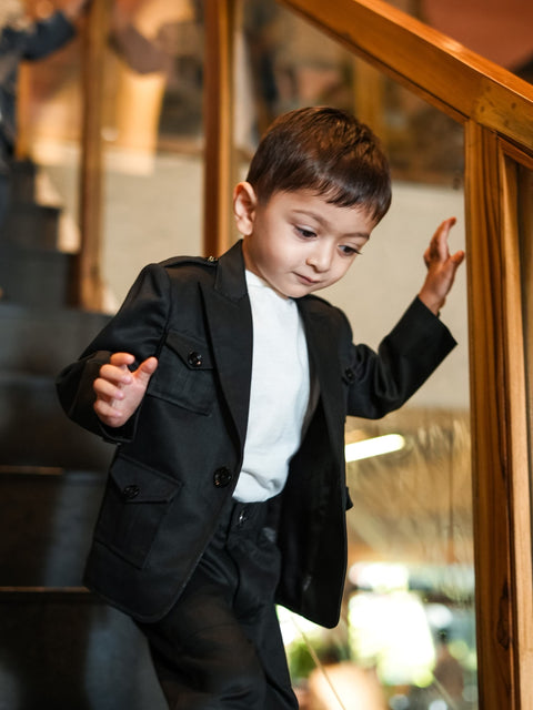 Pre-Order: Korean Themed Multi Pocket Causual Blazer Set ( Black)