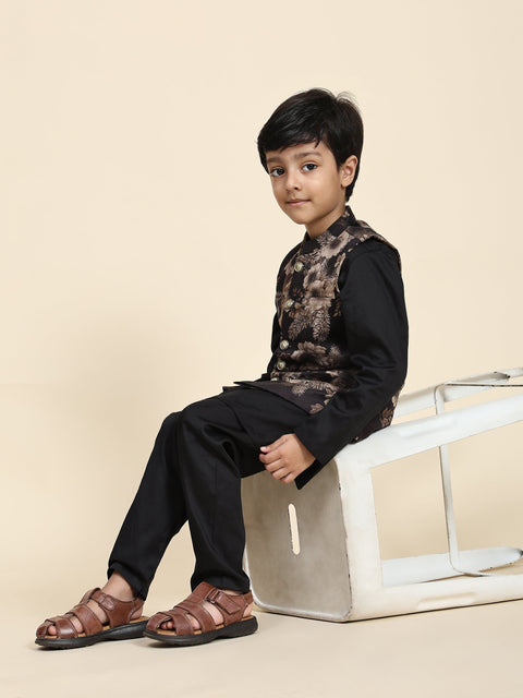 Pre-Order: Golden Flower Velvet Koti with Black Kurta Pajama Set