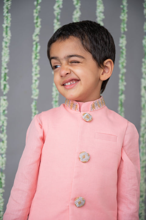 Pre-Order: Pink Embroidered Nehru Jacket Set