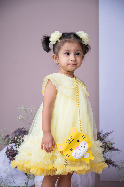 Pre-Order: Organza Embroidered Cape Collar Dress in Yellow