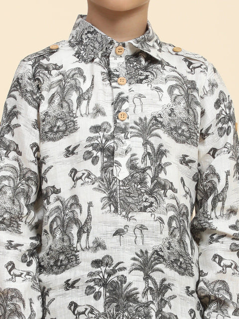 Pre-Order: Wildlife Print Pure Linen Kurta  and Premium Cotton Pajama Set