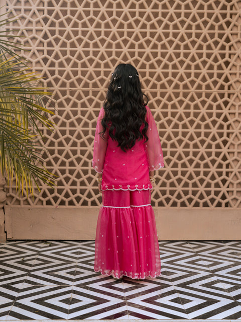 Pre Order :  Pink Organza Kurti Sharara Set