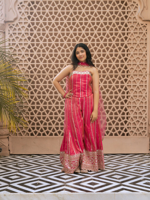 Pre Order : Pink Embroidered Kurti Sharara Set