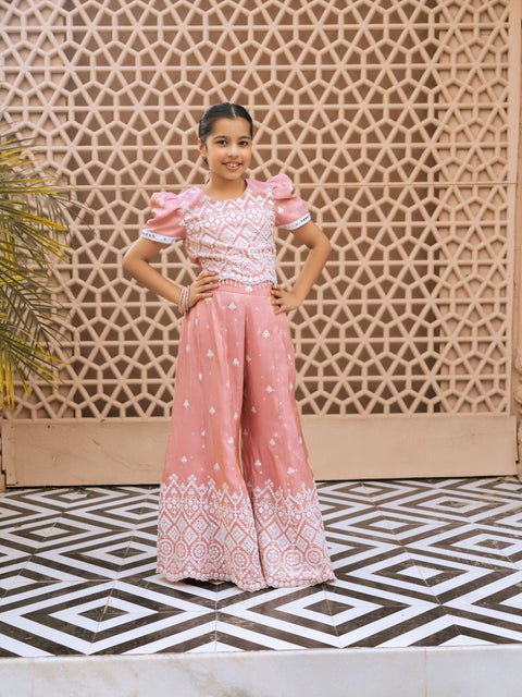 Pre Order : Pink Embroidered Top & Palazzo Set