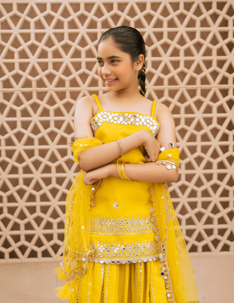 Pre Order : Yellow Embroidered Kurti Sharara Set