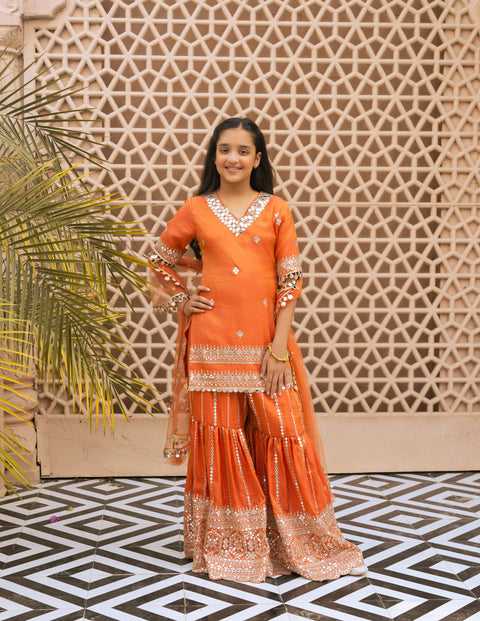 Pre Order : Orange Mirror Embroidered Kurti Sharara Set